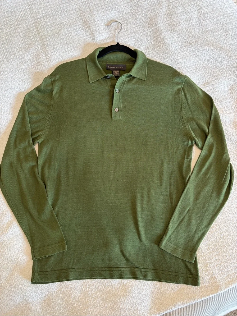 Banana Republic Men's Knit Long Sleeve Polo - Olive Green Size Medium